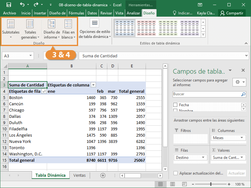 Opciones de la tabla dinámica