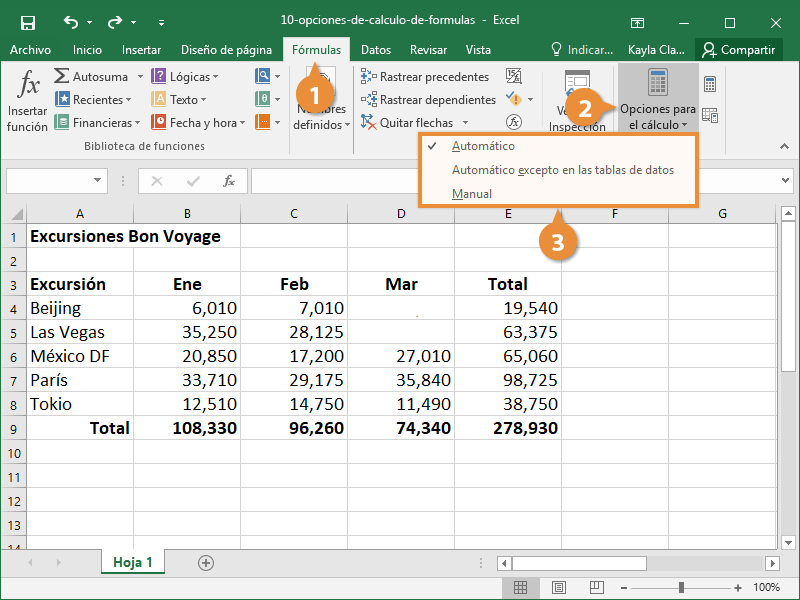 Opciones de Cálculo de fórmulas