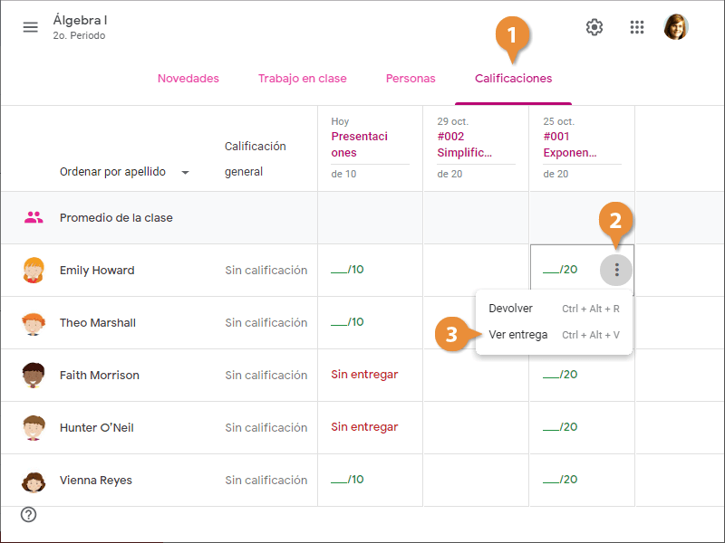 Calificar, Devolveer y Eliminar Tareas