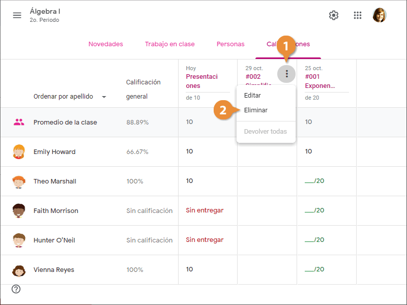 Calificar, Devolveer y Eliminar Tareas