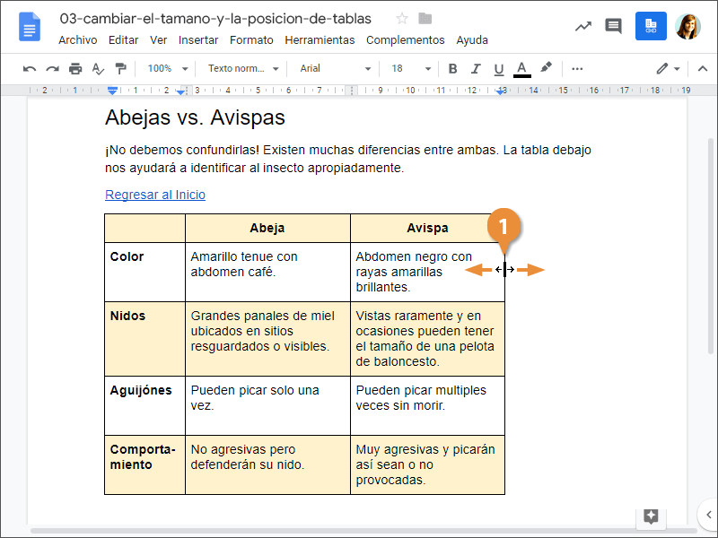 Cambiar el Tamaño y la Posición de Tablas