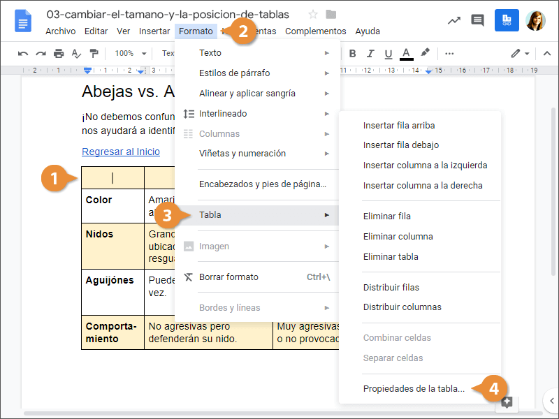 Cambiar el Tamaño y la Posición de Tablas