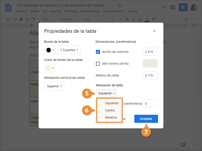 Cambiar el Tamaño y la Posición de Tablas