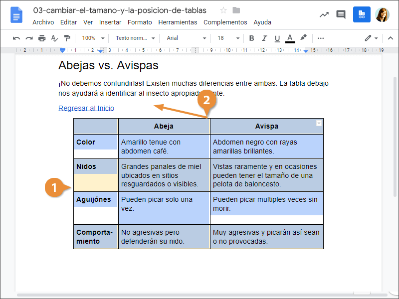 Cambiar el Tamaño y la Posición de Tablas