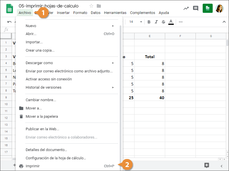 Imprimir Hojas de Cálculo