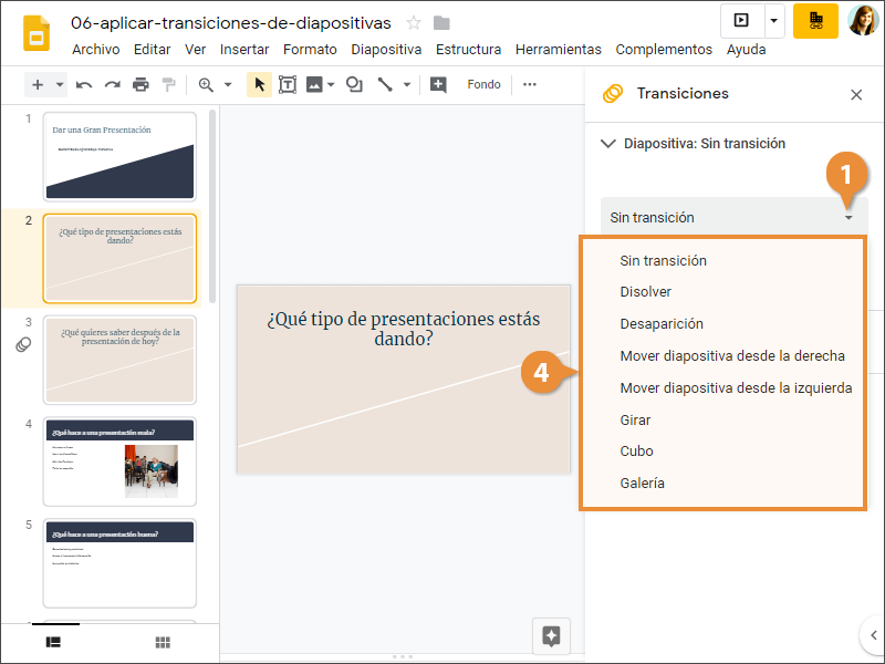 Aplicar Transiciones de Diapositiva