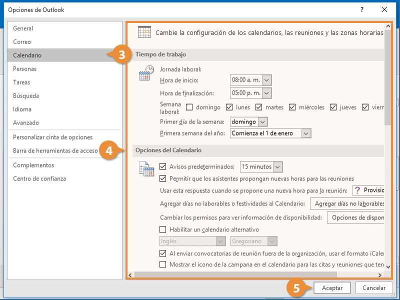 Configuración del Calendario