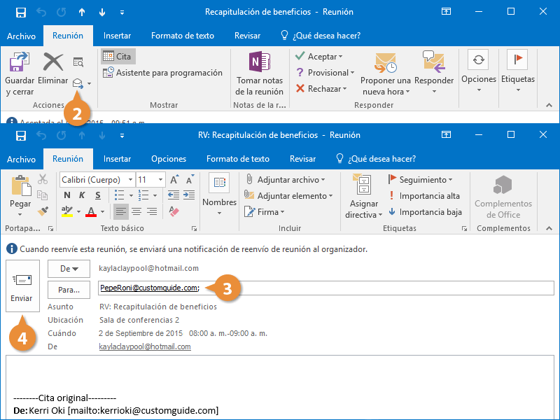 Reenviar Elementos del Calendario