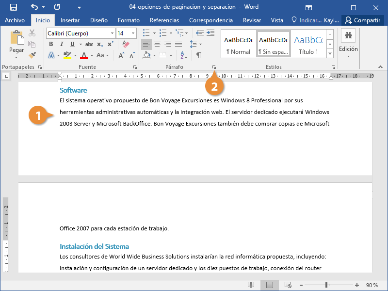 Opciones de Paginación y Separación en un Documento de Word.