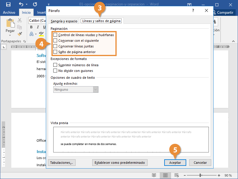 Opciones de Paginación y Separación en un Documento de Word.