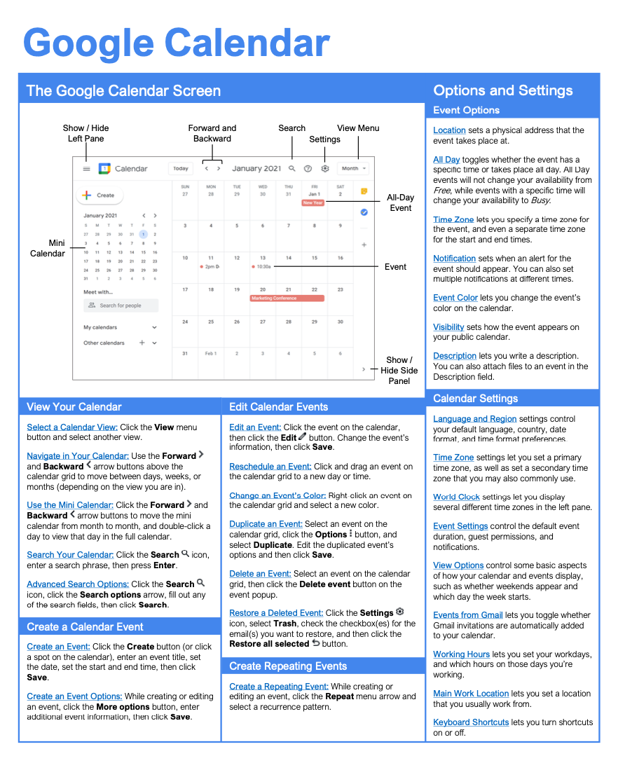 Google Calendar Cheat Sheet