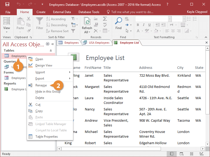 Work with database objects