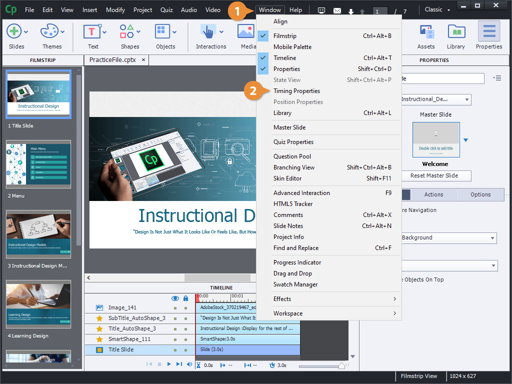 Display the Timing Properties Panel