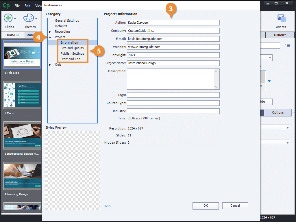 View and Modify Porject Preferences