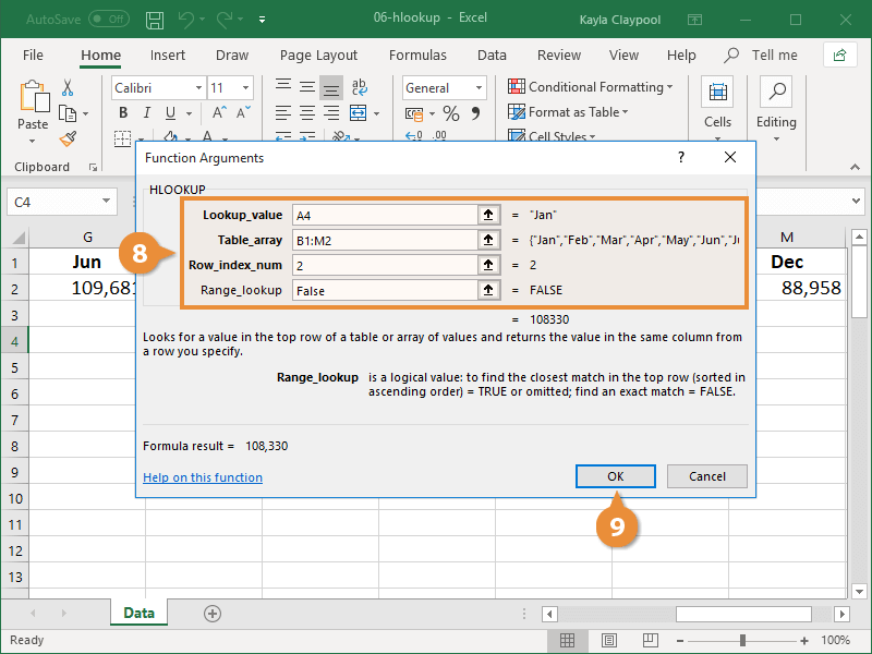 Insert a HLOOKUP Function