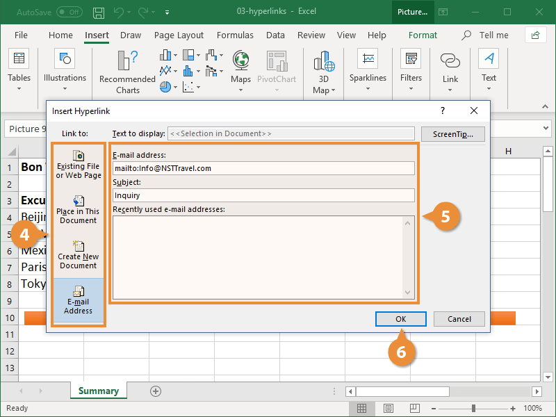 Insert a Hyperlink in excel