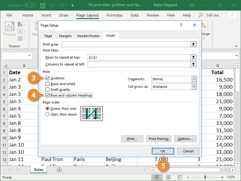 Print Titles, Gridlines, and Headings