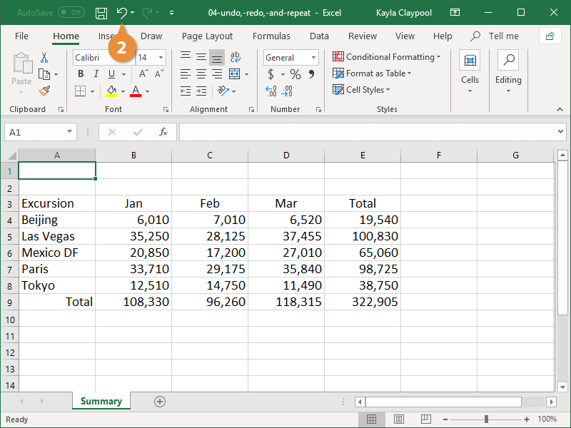 Hoàn tác dữ liệu Excel