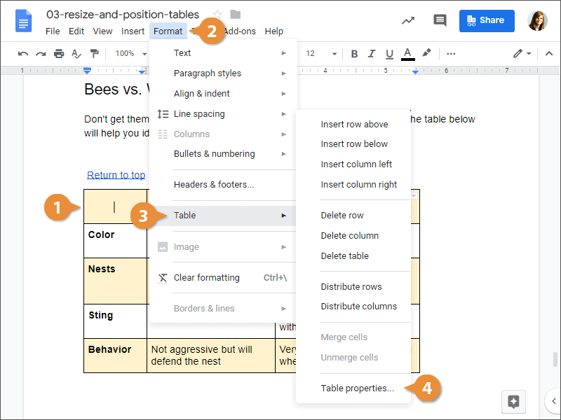 Resize and Position Tables