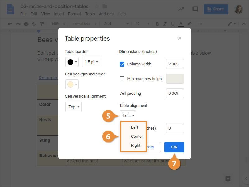 Resize and Position Tables