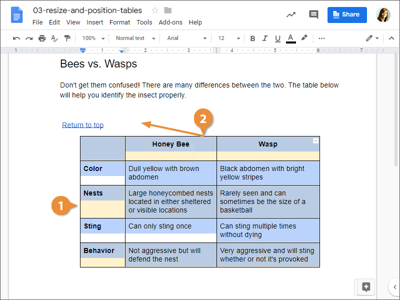 Resize and Position Tables