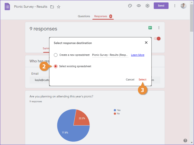 Send Responses to an Existing Spreadsheet