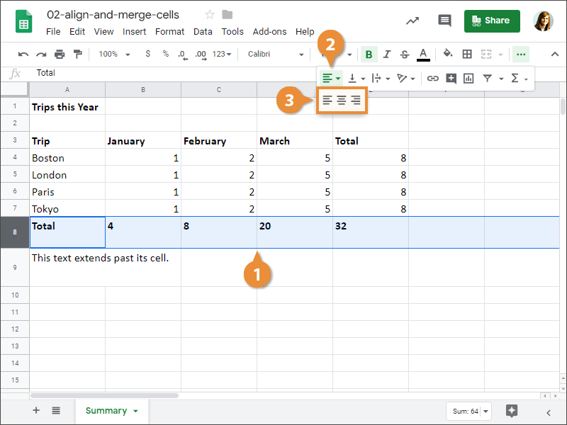 How to change horizontal alignment in Google Sheets.