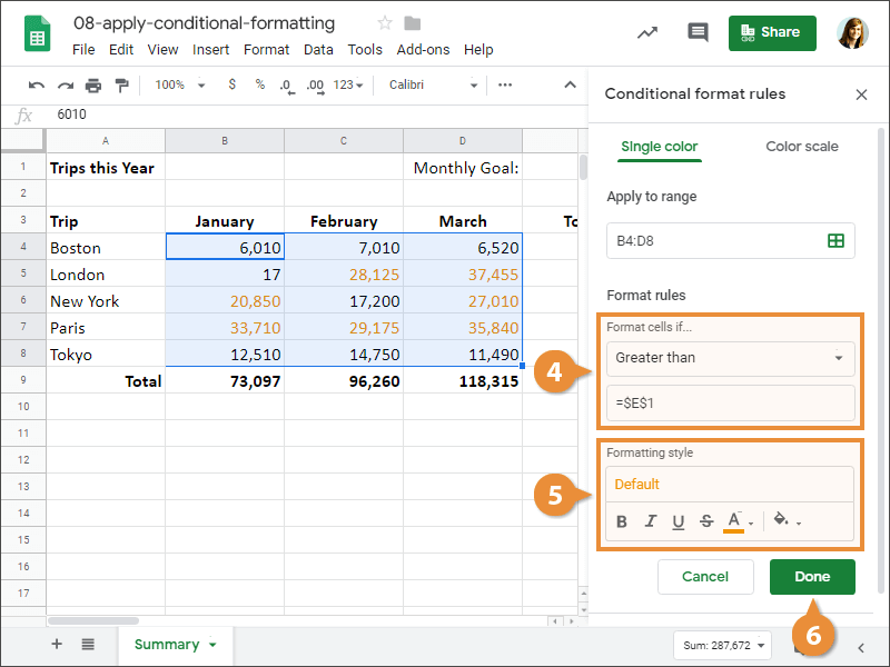 How to create a Conditional formatting rule in Google Sheets.