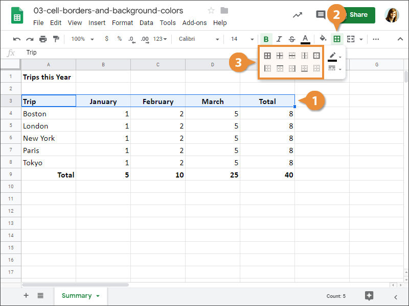 How to add a cell border in Google Sheets.