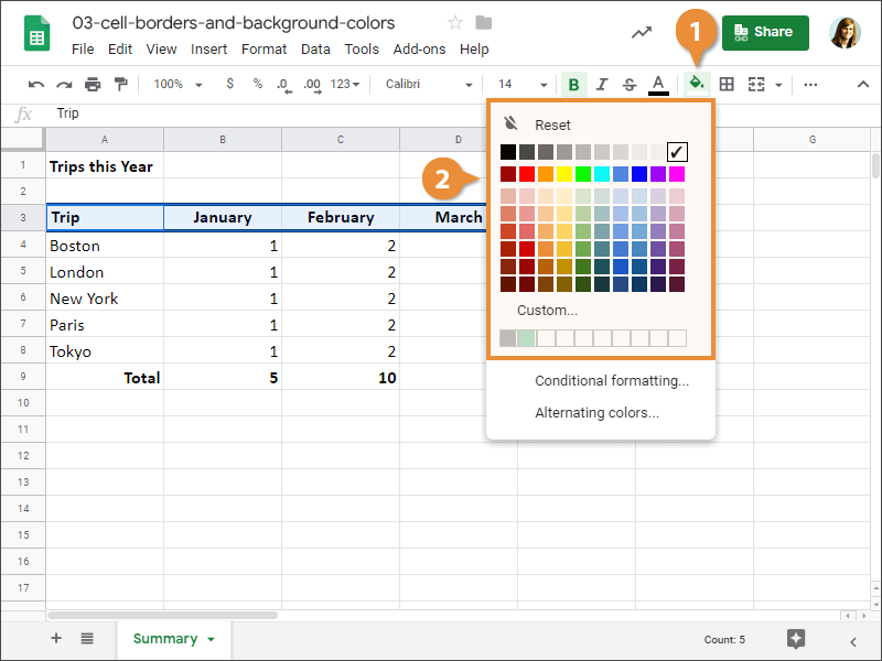 How to change the fill color in Google Sheets.