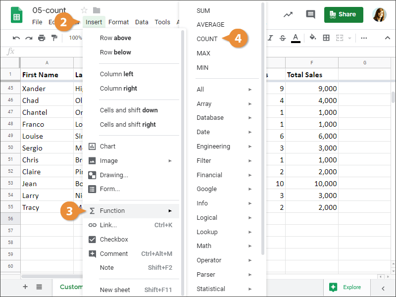 How to Insert a COUNT Function in Google Sheets.