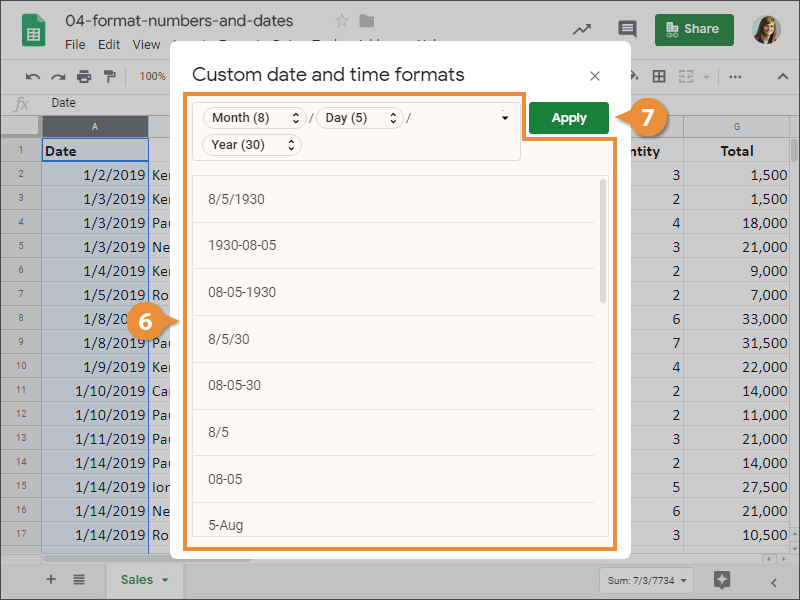 How to select a preset in Google Sheets.