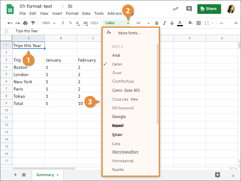 How to change font in Google Sheets.