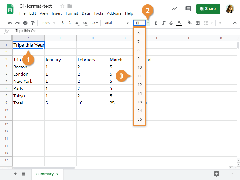 How to change font size in Google Sheets.