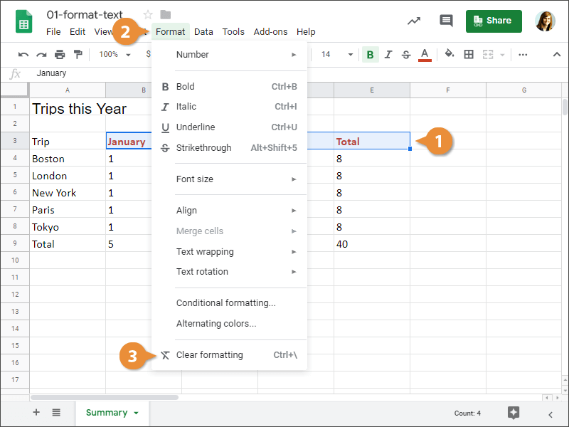 How to clear text formatting in Google Sheets.