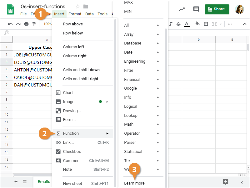 How to get help on Functions in Google Sheets.