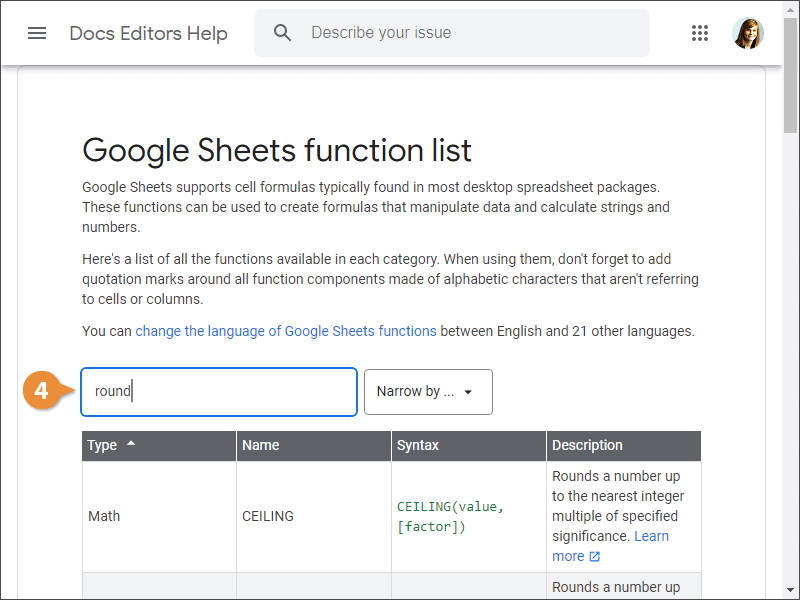 How to get help on Functions in Google Sheets.