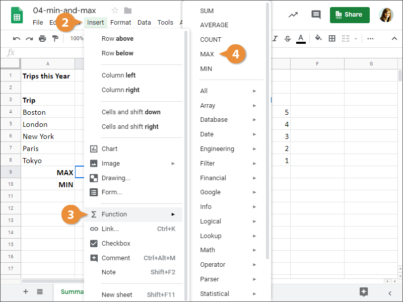 How to Insert a MAX function in Google Sheets.