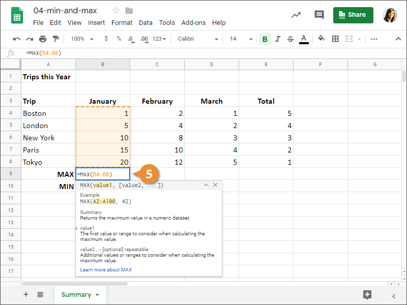 How to Insert a MAX function in Google Sheets.