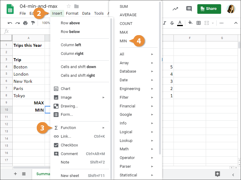 How to Insert a MIN function in Google Sheets.