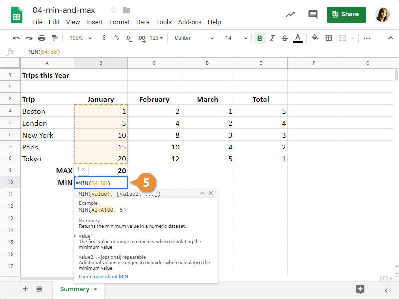 How to Insert a MIN function in Google Sheets.