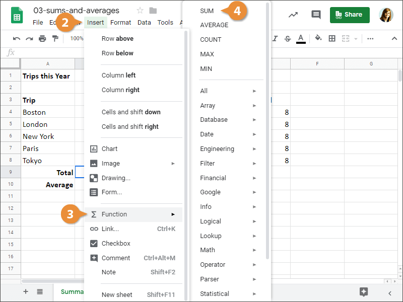 How to Insert a SUM Function in Google Sheets.