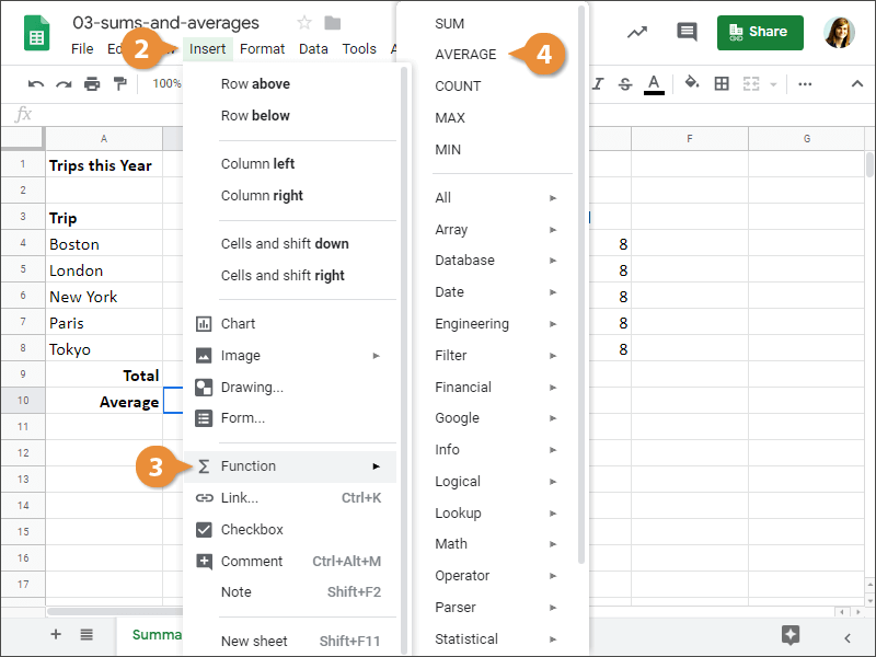 How to Insert an AVERAGE function in Google Sheets.