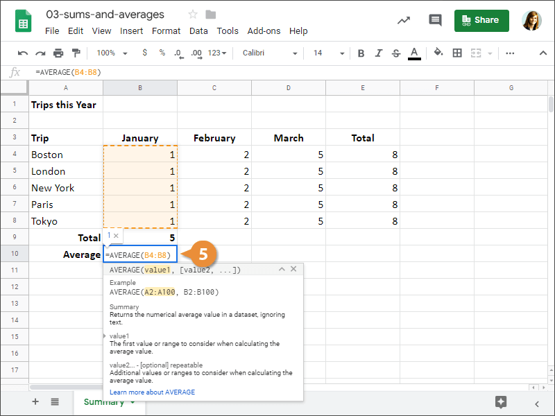 How to Insert an AVERAGE function in Google Sheets.