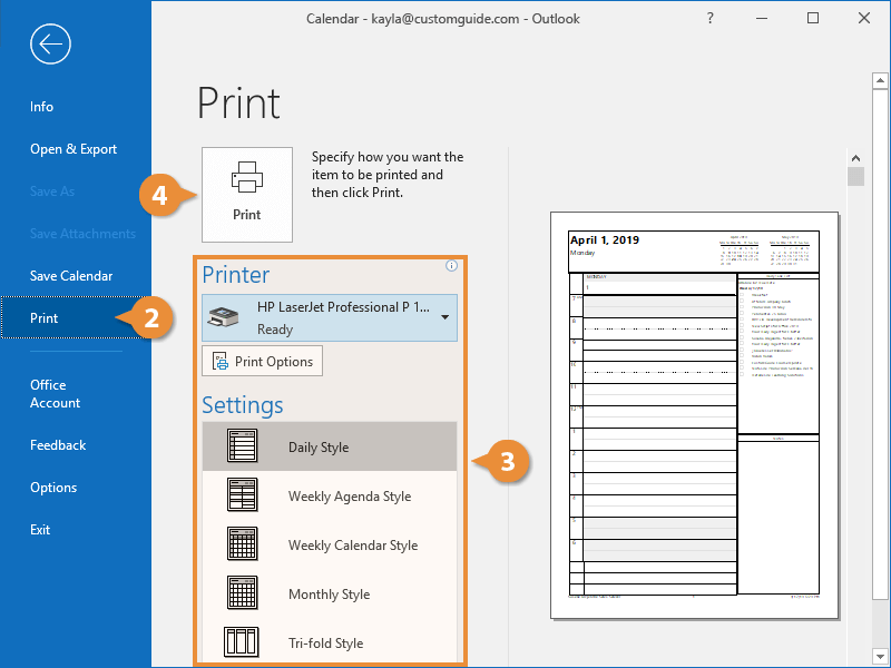 print page setup in outlook