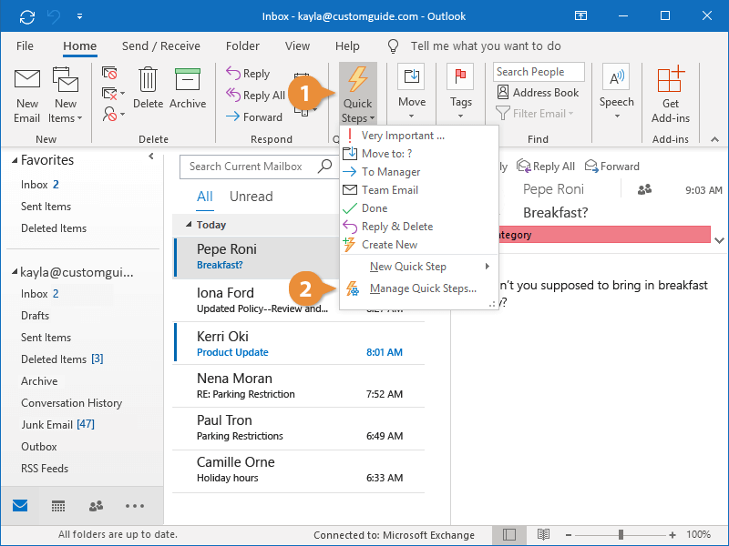 outlook quick steps and reminders