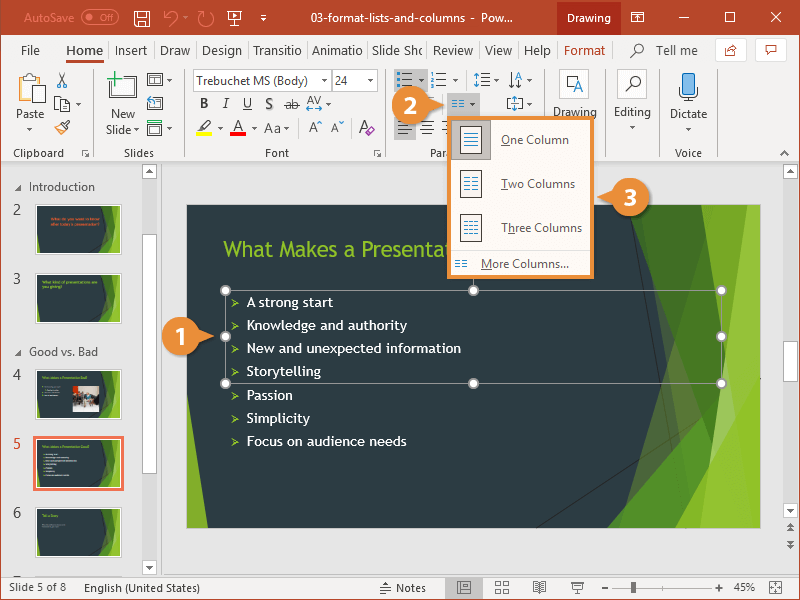 make two columns in powerpoint 2016