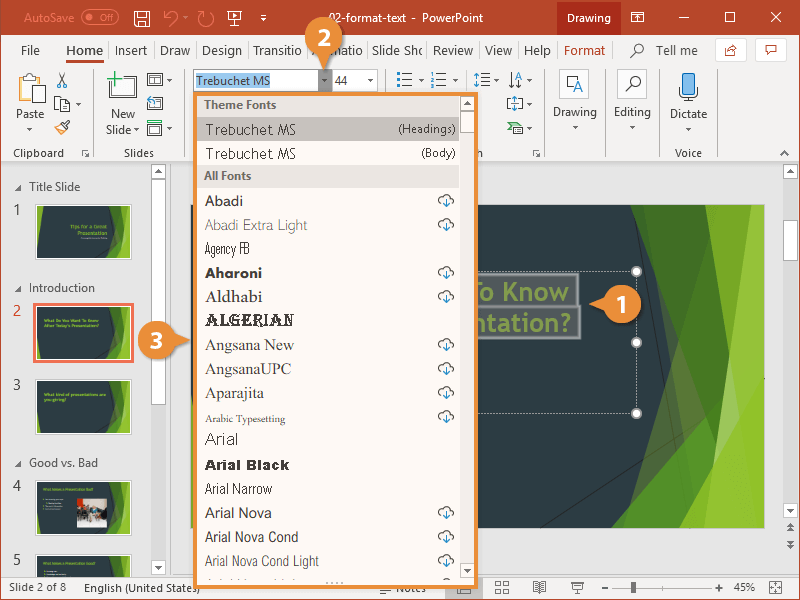 powerpoint presentation notes font size