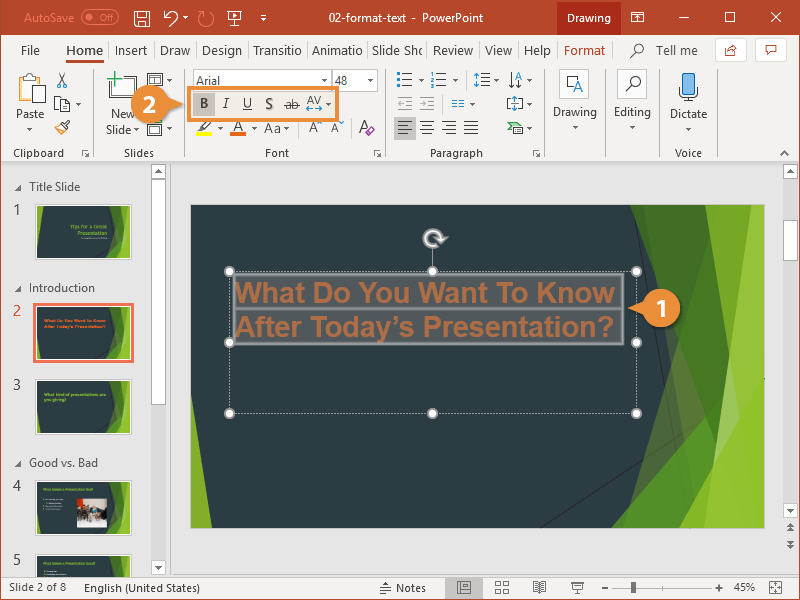 microsoft presentation font size