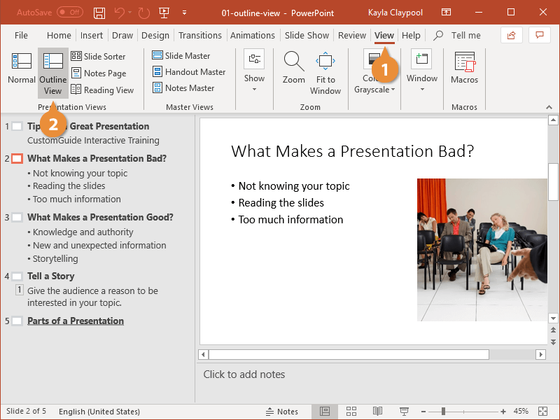 how to display presentation outline in powerpoint